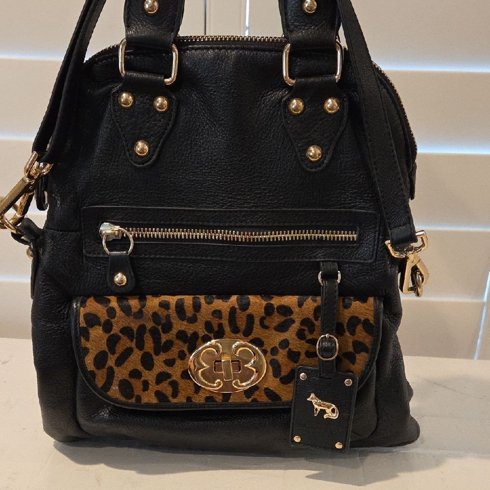 Emma Fox Black and Brown Shoulder Bag with Leopard Print